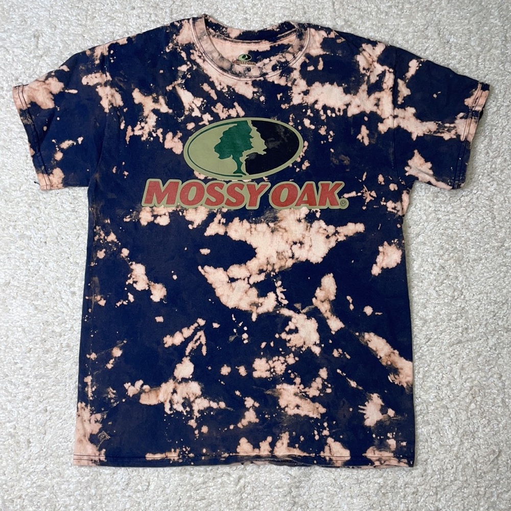 Bleached T-Shirt Acid Wash Style Graphic Tee Navy Mossy Oak